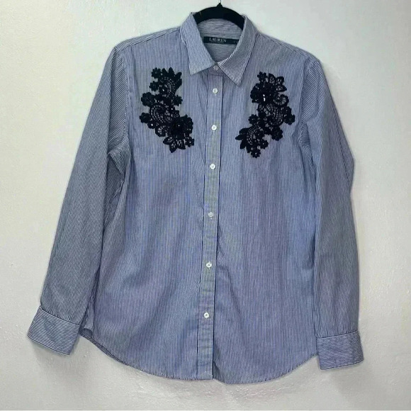 Lauren Ralph Lauren Women Embellished Button Up Striped Shirt Sz L - Picture 1 of 9